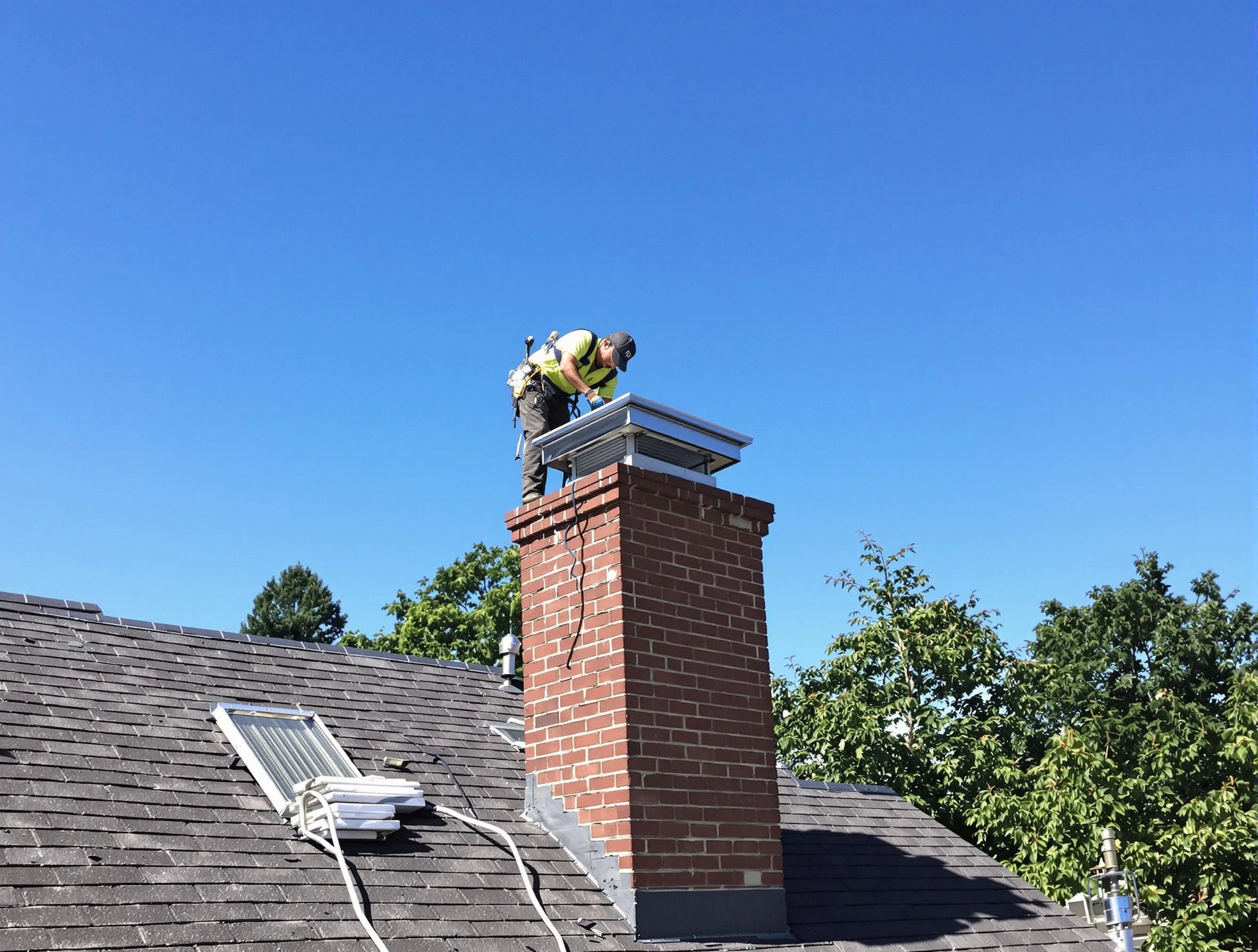 Casa Grande Chimney Sweep technician measuring a chimney cap in Casa Grande, AZ